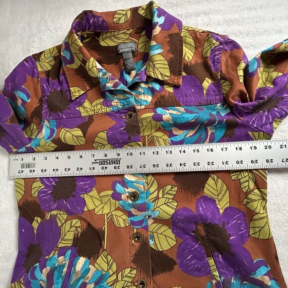 Additions By Chico's Womens Floral Button-Up Shirt Jacket Size 1 Purple Stretch - Picture 6 of 7